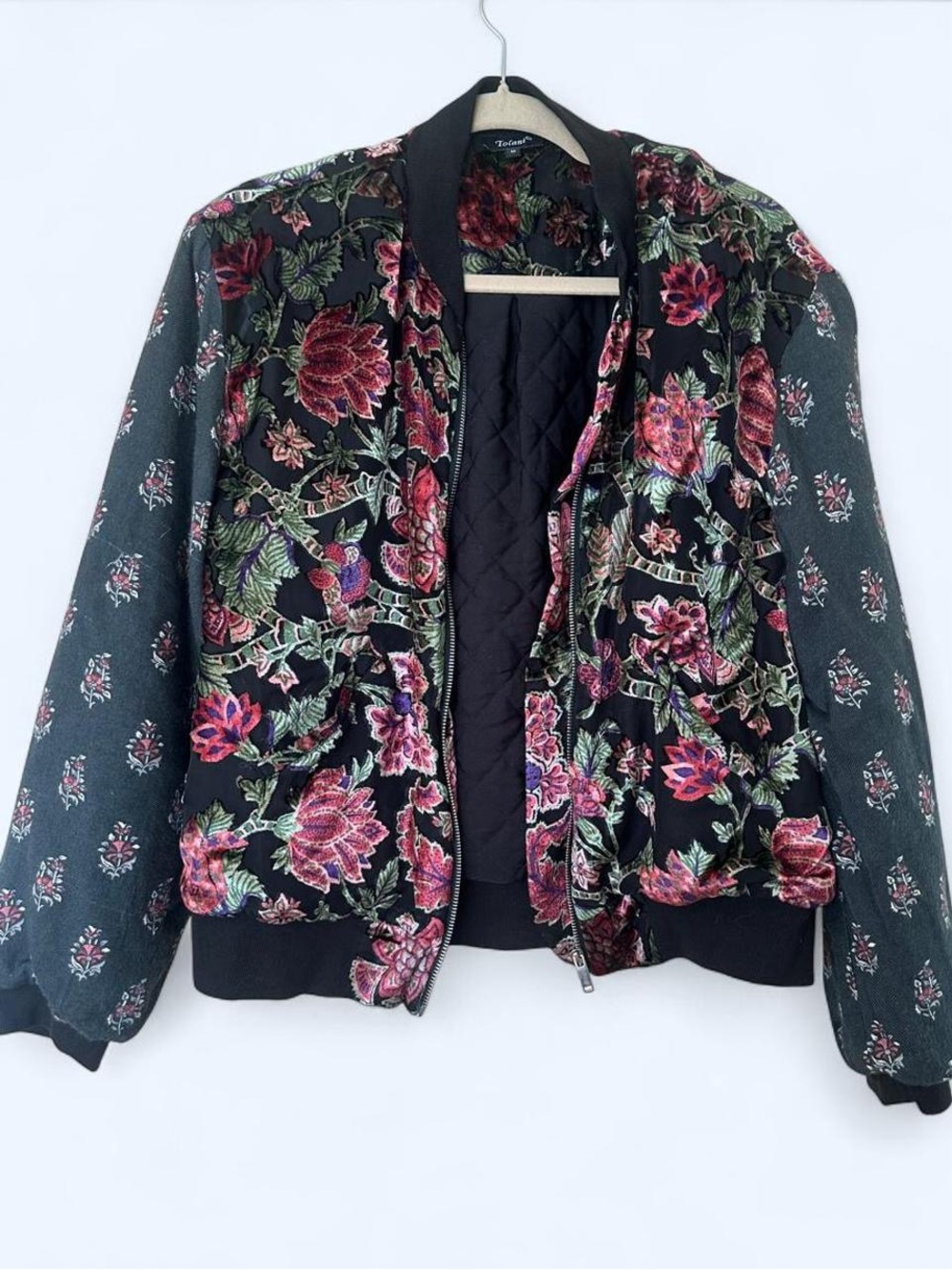 Tolani Black Quilted Bomber Jacket with Pink Floral Embroidery